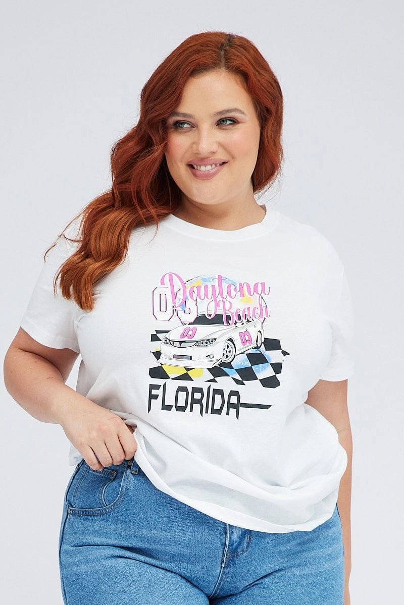White Graphic T-shirt Daytona Short Sleeve Cotton Travel Friendly