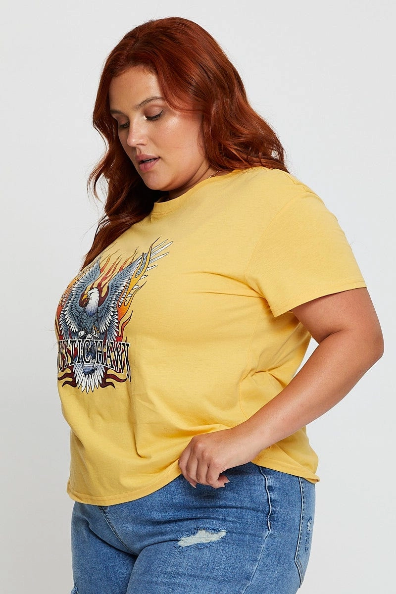 Yellow Graphic T-shirt Mystic Hawk Short Sleeve Cotton PreShrunkCotton Non Iron Fabric
