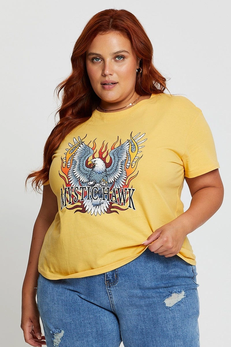 Yellow Graphic T-shirt Mystic Hawk Short Sleeve Cotton Eco Friendly Production Ultimate Wear