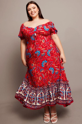 Red Boho Puff Sleeve Maxi Dress High Low Hem Body Safe