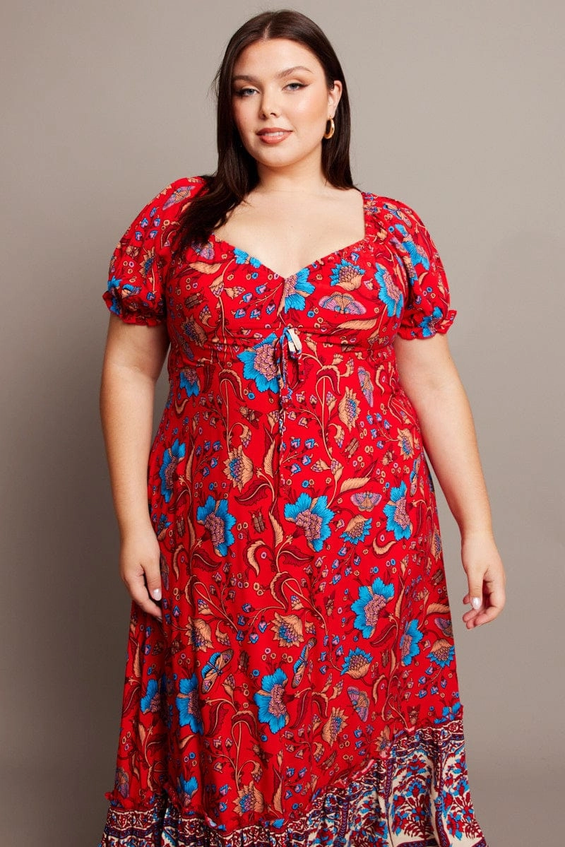 Red Boho Puff Sleeve Maxi Dress High Low Hem Vibrant Tone Sleek Flow