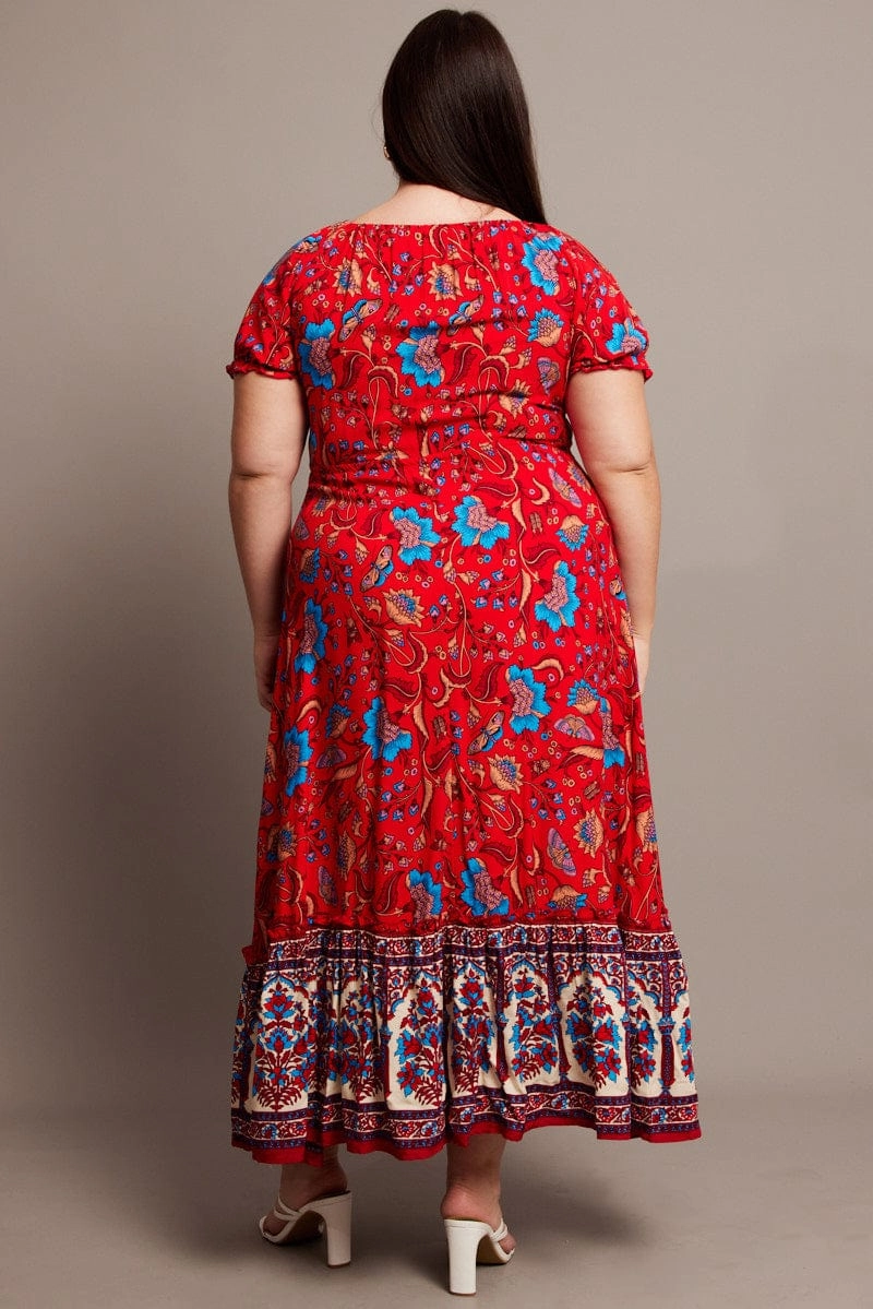Flattering Shape Look High low hem Red Boho Puff Sleeve Maxi Dress High Low Hem