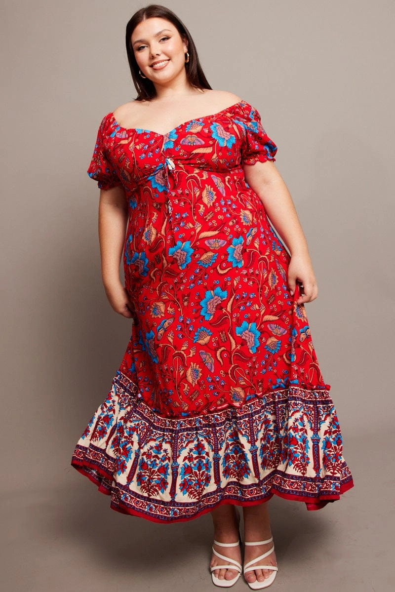Red Boho Puff Sleeve Maxi Dress High Low Hem Body Safe