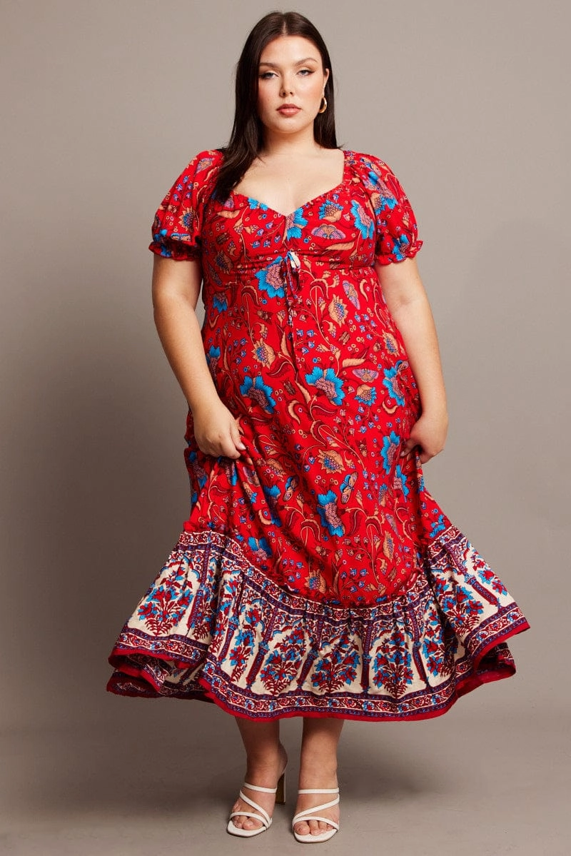 Red Boho Puff Sleeve Maxi Dress High Low Hem Soft and Relaxed