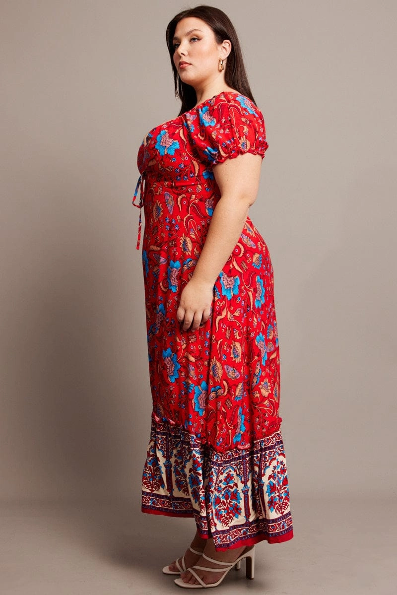 Red Boho Puff Sleeve Maxi Dress High Low Hem Sheer Panel