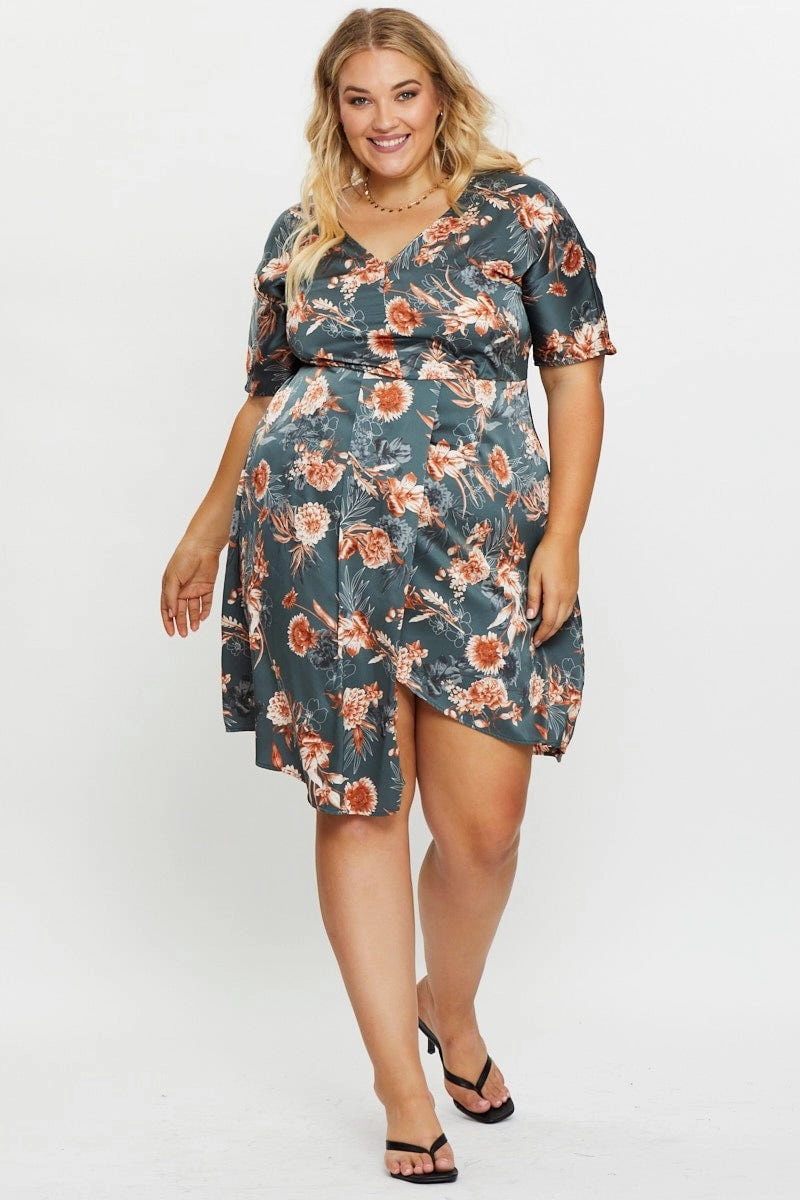 Floral Swing Calm Touch Floral Print Skater Dress V-neck Three-Quarter Sleeve