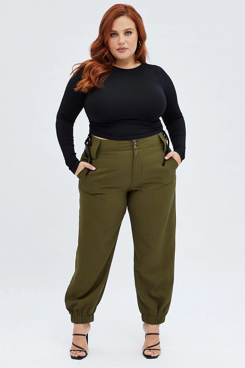 Work Essential Green Slim Pants Elastic Hem High Rise