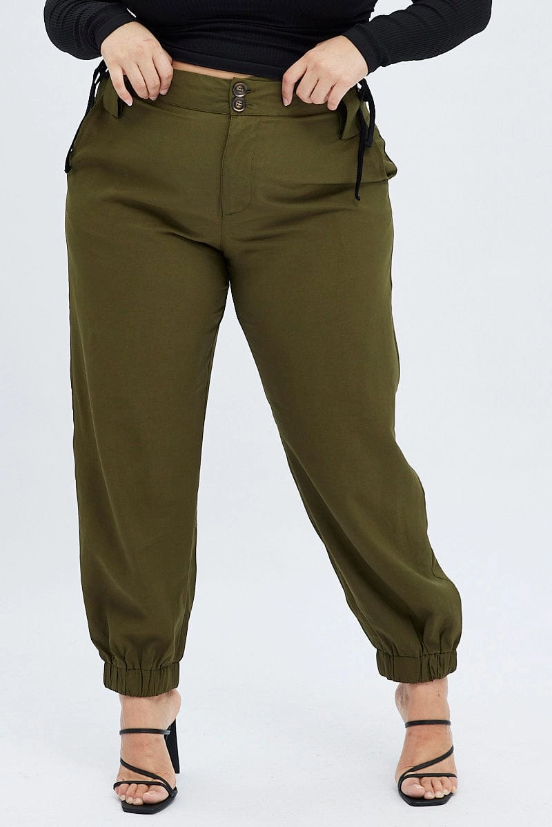 Comfy All-Day Breathable Comfort Green Slim Pants Elastic Hem High Rise