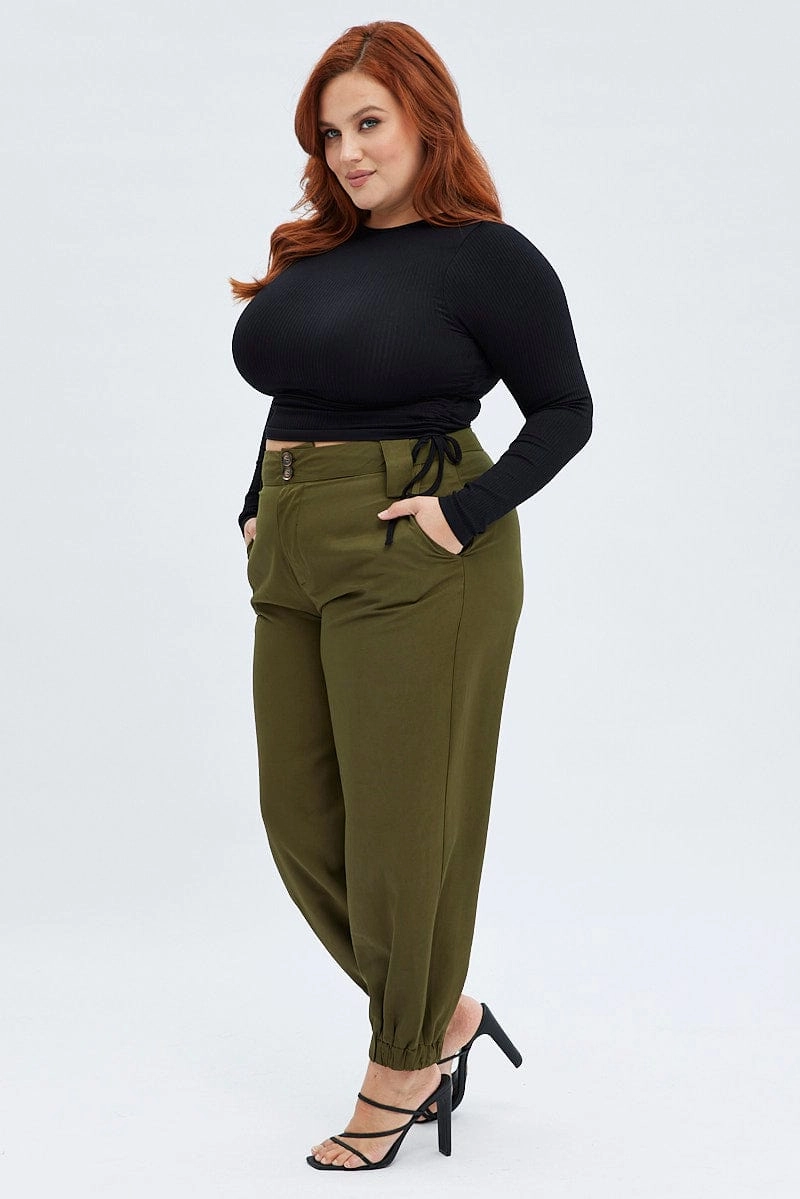 Green Slim Pants Elastic Hem High Rise Belt loops Cozy Style