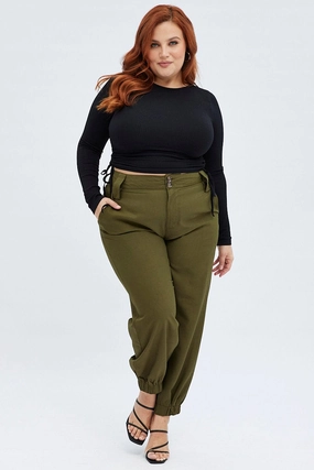 Breathable mesh Green Slim Pants Elastic Hem High Rise