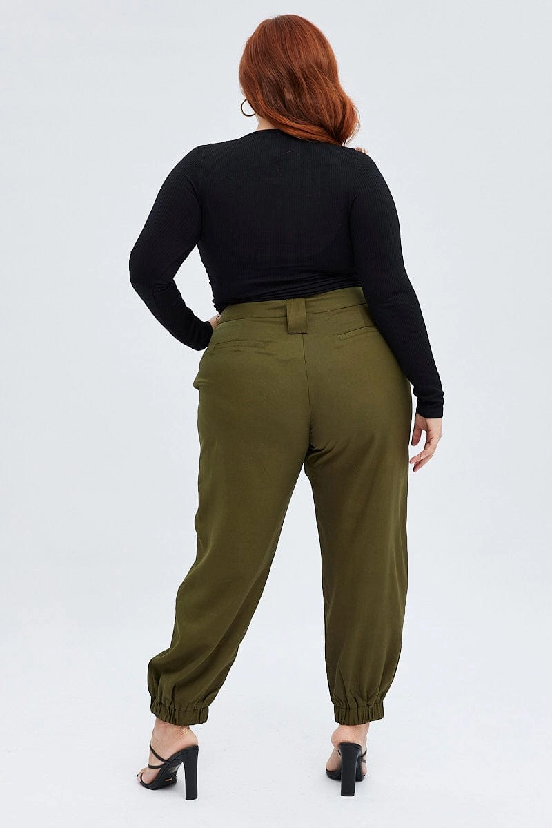 Relaxed Wear Green Slim Pants Elastic Hem High Rise