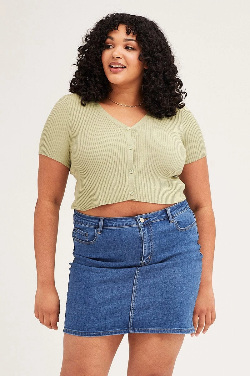 Green Cardigan Short Sleeve Ribbed Crop Knit Compression Fold Design Temperature Regulating Membrane