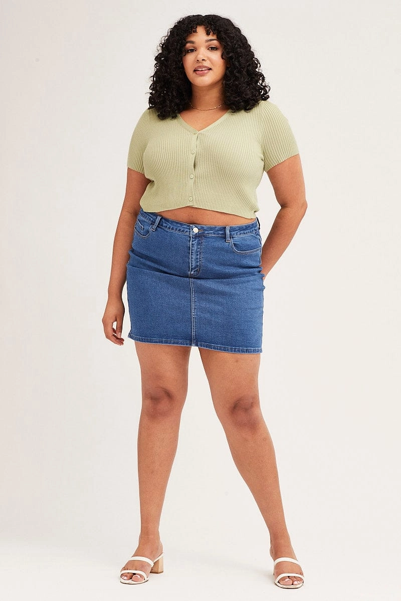 Green Cardigan Short Sleeve Ribbed Crop Knit Durable zipper pull