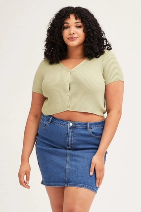 Body Mapped Ventilation Comfort Focused Design Green Cardigan Short Sleeve Ribbed Crop Knit