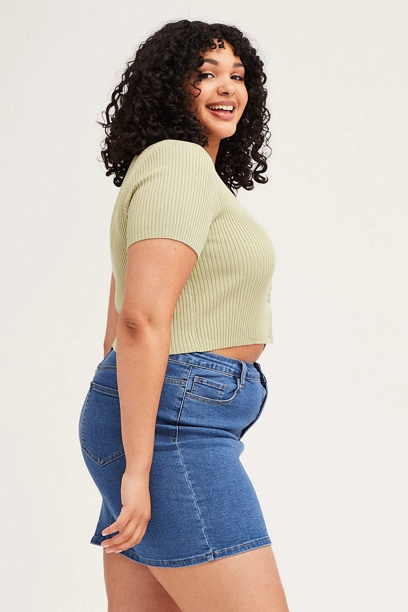 Green Cardigan Short Sleeve Ribbed Crop Knit Moisture Wicking Inner Quick Dry Performance