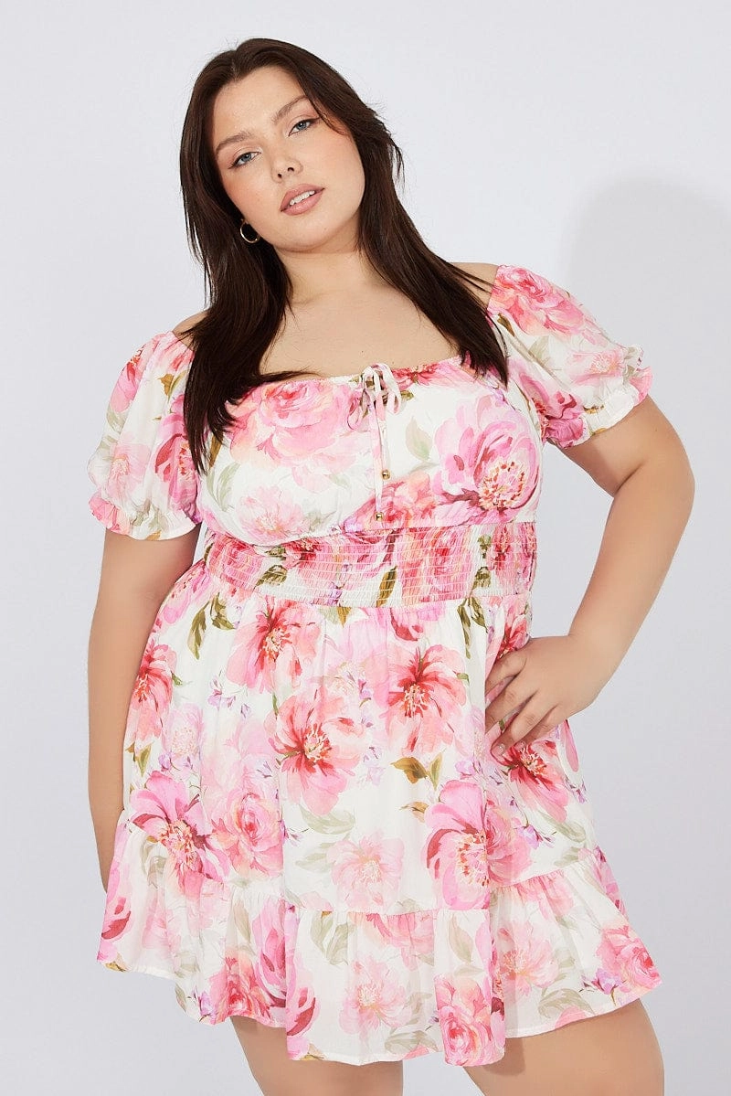 White Floral Fit And Flare Dress Short Sleeve Ruched Bust All Day Ready