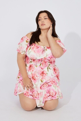 White Floral Fit And Flare Dress Short Sleeve Ruched Bust Dew Glow Reversible-Style