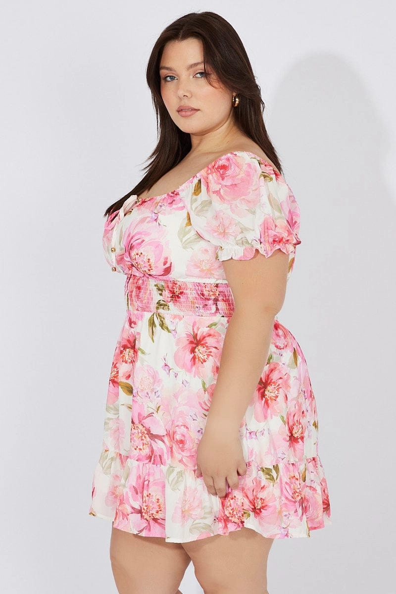 White Floral Fit And Flare Dress Short Sleeve Ruched Bust Elegant Outline