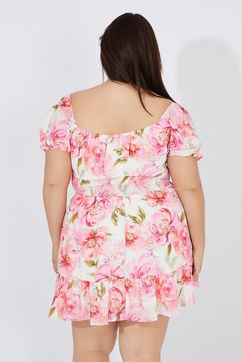 Stylish Appearance Natural Feel White Floral Fit And Flare Dress Short Sleeve Ruched Bust