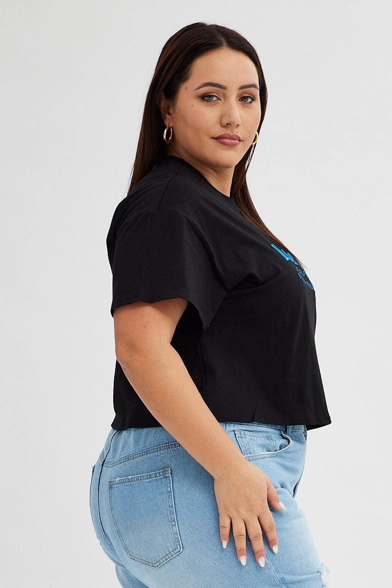 Black Graphic T-shirt Embroidered Monaco Short Sleeve Casual Design