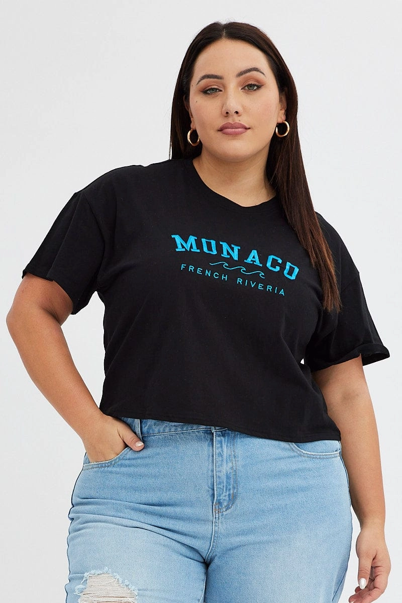 Black Graphic T-shirt Embroidered Monaco Short Sleeve Cool and casual StretchComfortWeave