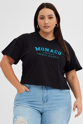 Comfort and Ease Black Graphic T-shirt Embroidered Monaco Short Sleeve