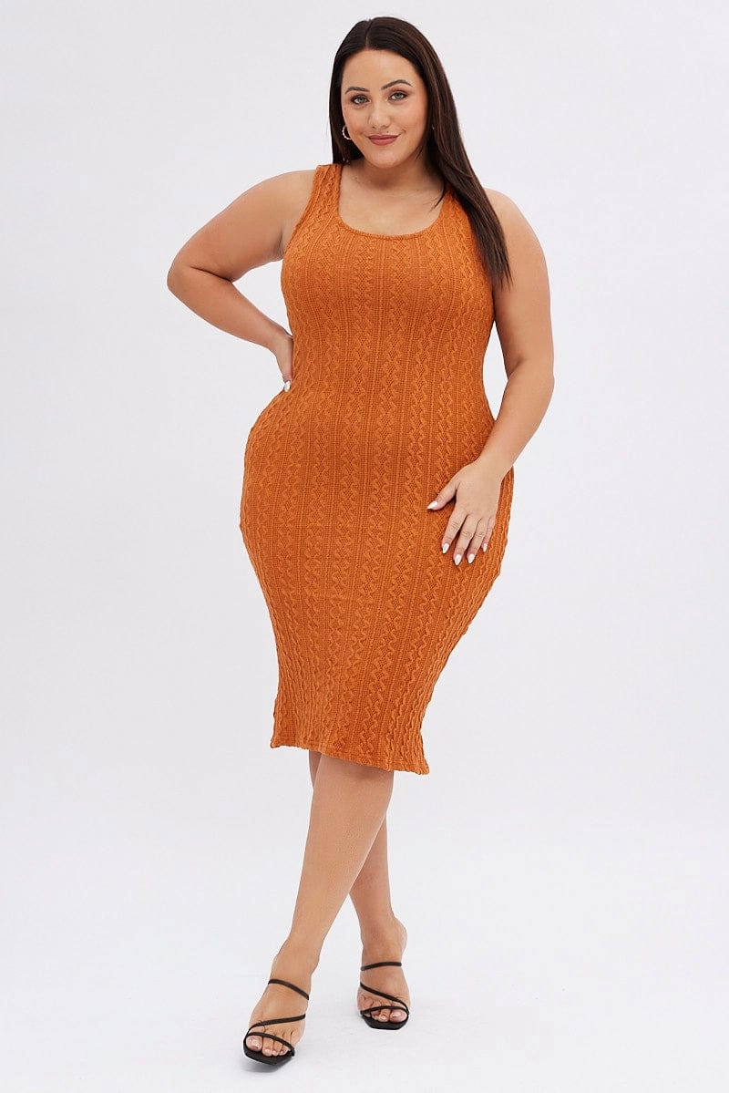 luxe feel Inner Feel Orange Midi Dress Cable Look Knit