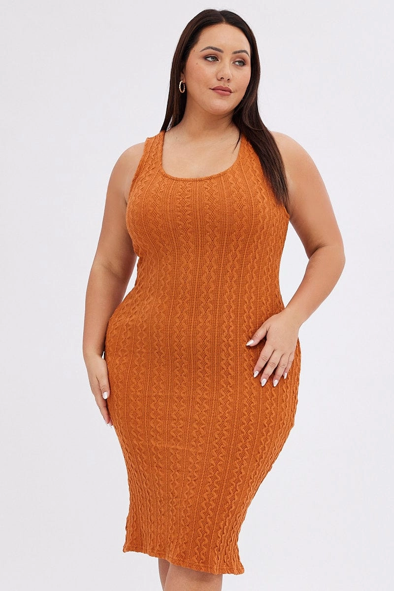 Form Fit Orange Midi Dress Cable Look Knit
