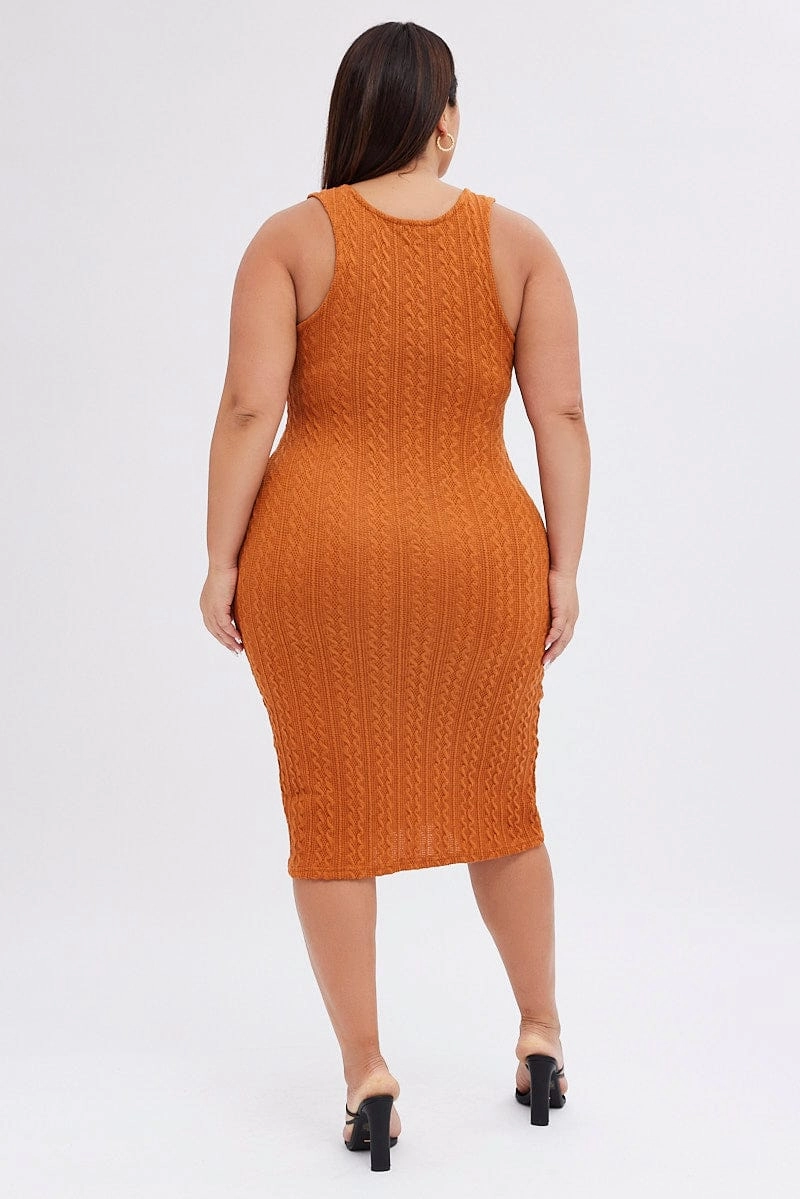 Casual Fit Orange Midi Dress Cable Look Knit