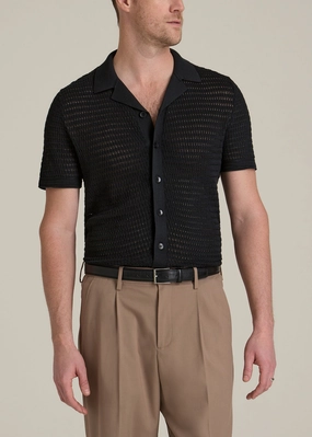 Short Sleeve Crochet Polo Cardigan for Tall Men in Black Urban Comfort