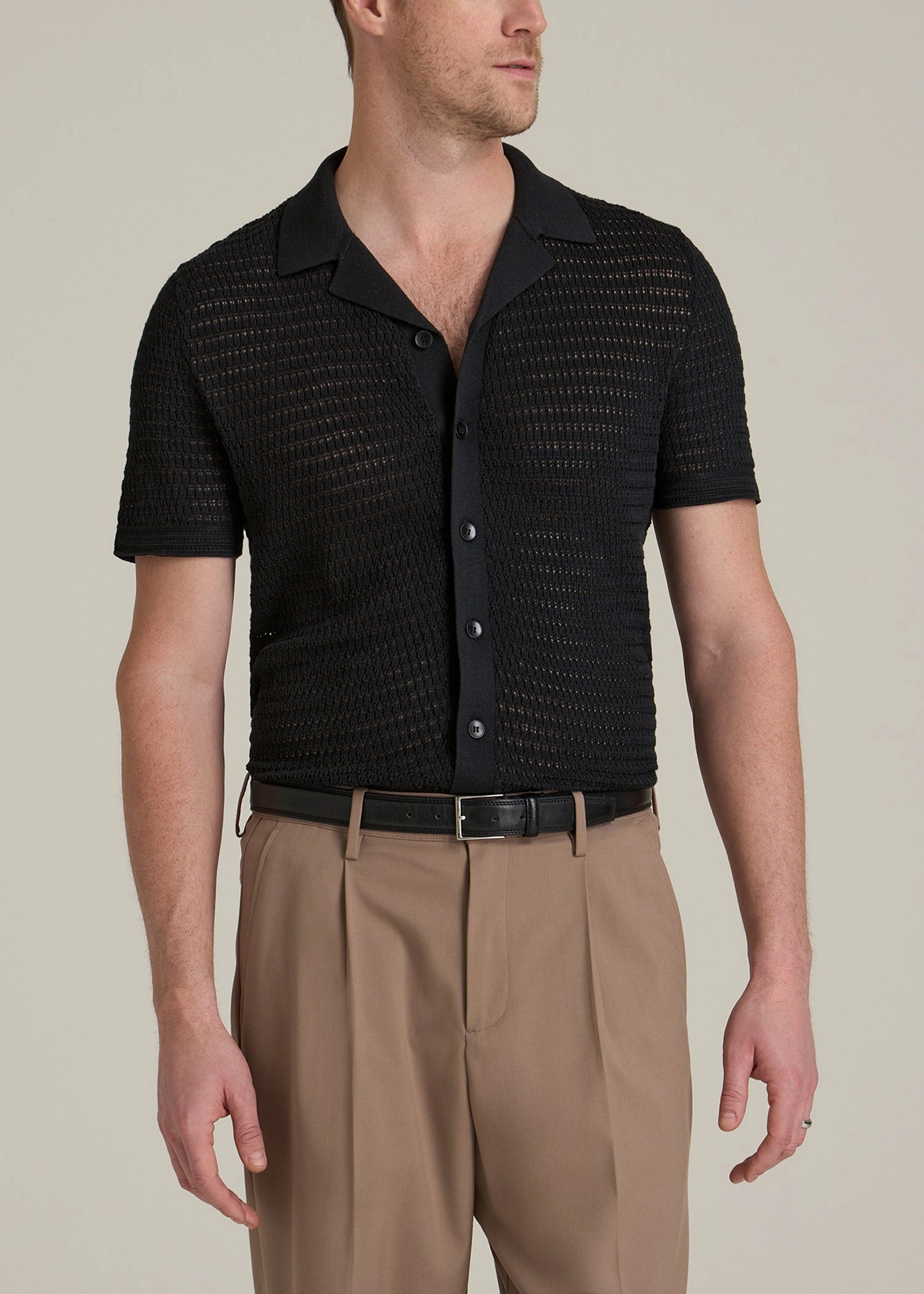 DoubleLayered Hem Binding Short Sleeve Crochet Polo Cardigan for Tall Men in Black