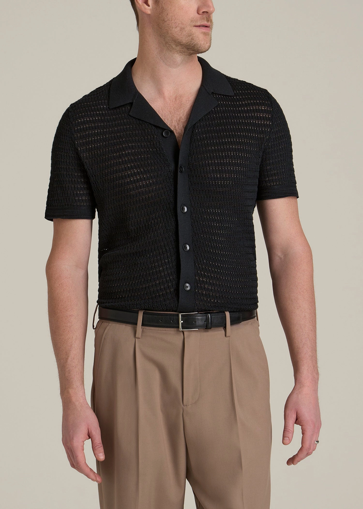 Fashionable Choice Interlock Cotton Short Sleeve Crochet Polo Cardigan for Tall Men in Black