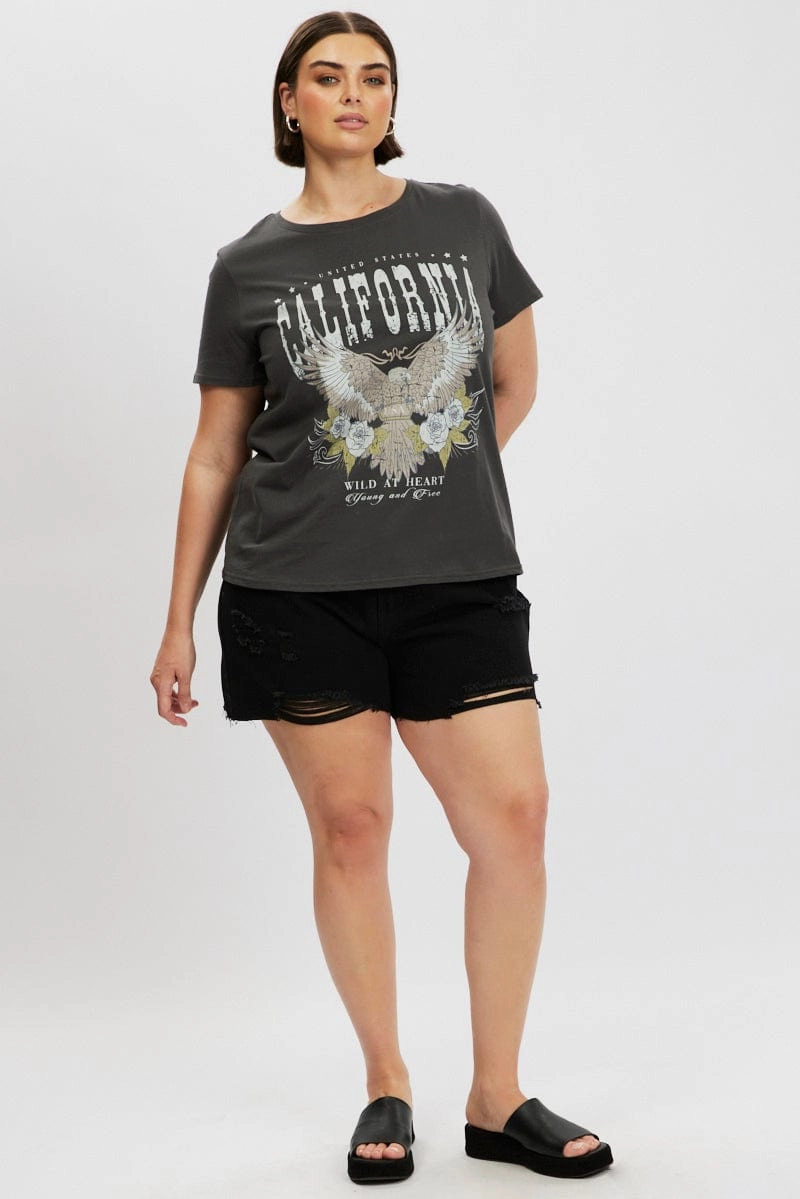 quick-drying Grey Graphic T Shirt Short Sleeve Crew Neck