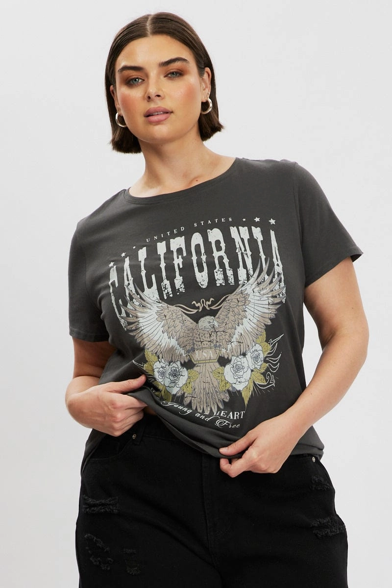 Perfect Comfort Comfort Style Grey Graphic T Shirt Short Sleeve Crew Neck