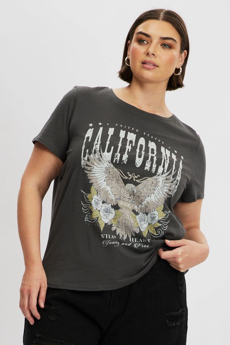 Grey Graphic T Shirt Short Sleeve Crew Neck Light and Cozy