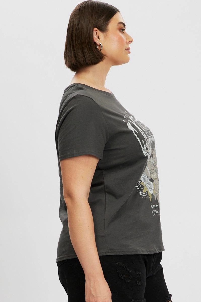 Office Attire Grey Graphic T Shirt Short Sleeve Crew Neck