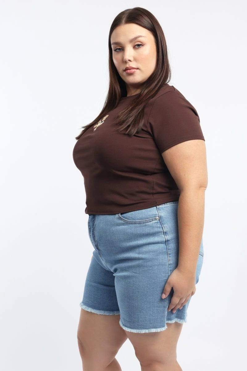 Brown Graphic T Shirt Short Sleeve Crew Neck Essential Piece Cotton Blend