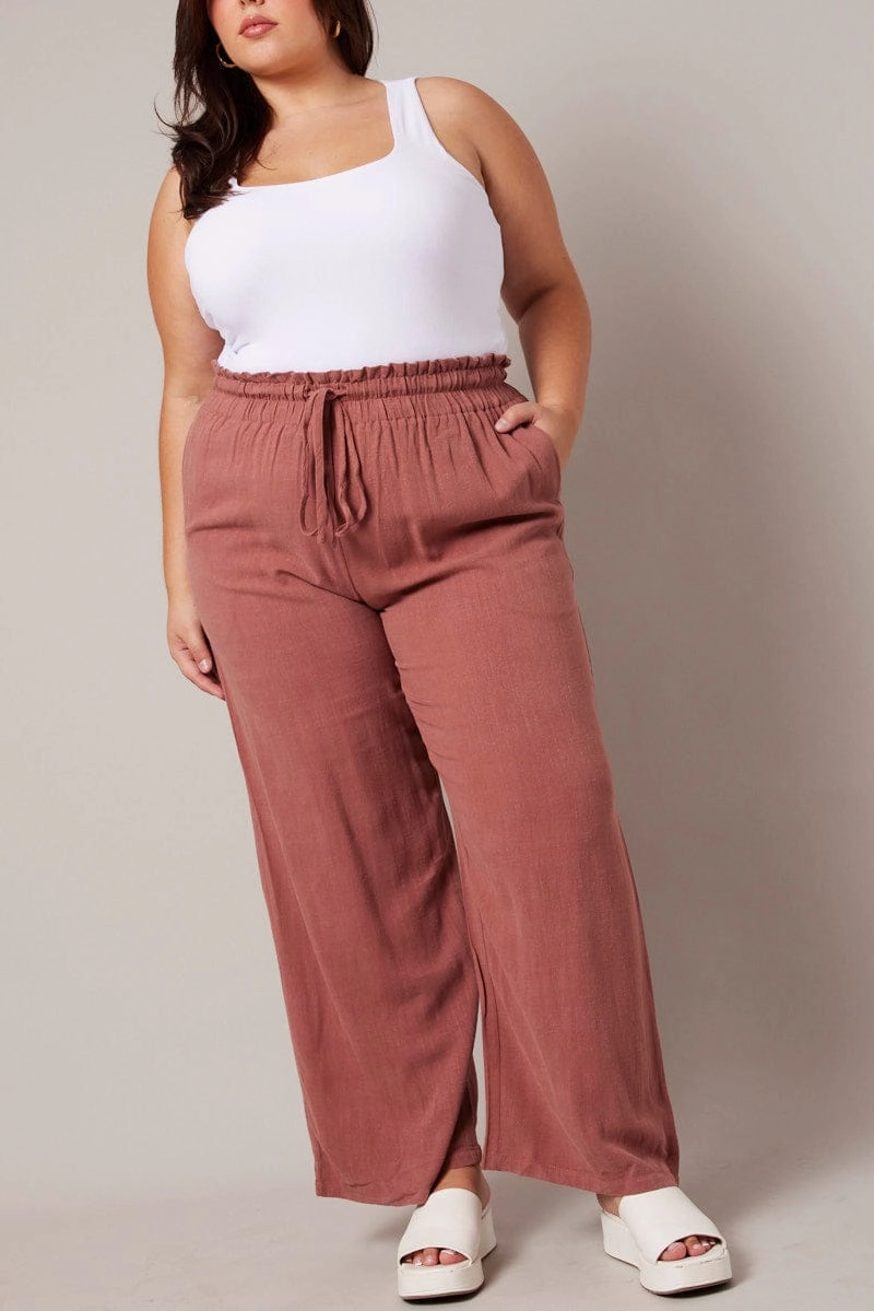 Brown Wideleg Pants Paperbag Elastic Waist Linen Blend Unisex style Breathable mesh lining