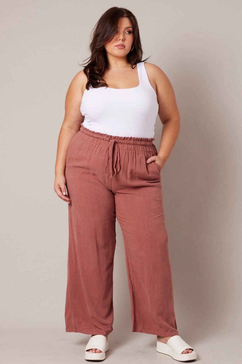 Brown Wideleg Pants Paperbag Elastic Waist Linen Blend FlexibleMobilityDesign quick dry