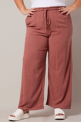 Brown Wideleg Pants Paperbag Elastic Waist Linen Blend UltraSoftLining