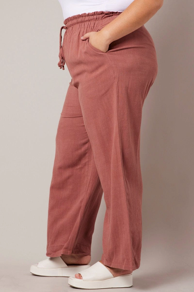 Brown Wideleg Pants Paperbag Elastic Waist Linen Blend Chilly Wear Sporty Look