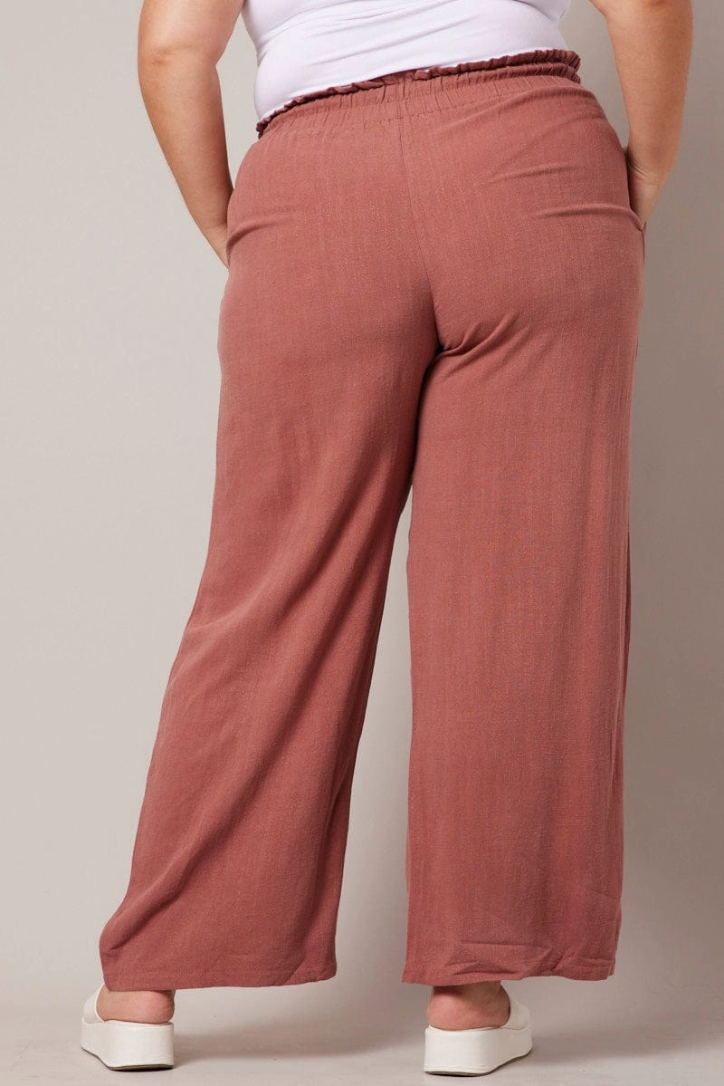 ComfortFit Non Tapered Leg Brown Wideleg Pants Paperbag Elastic Waist Linen Blend