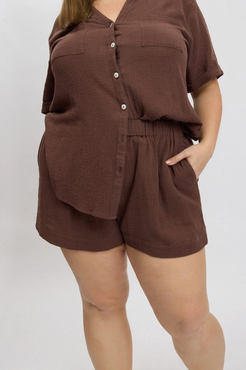 Brown Elastic Waist Pull On Cotton Shorts Durable Hem Finishing spring shorts