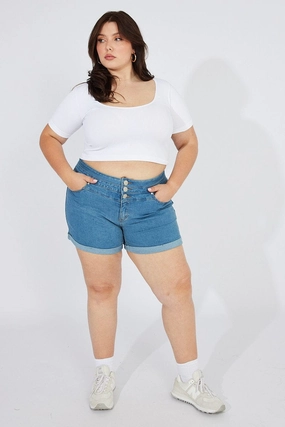 Flexible Gusset Design Light Stretch Design Denim Skinny Denim Shorts High Rise 3 Buttons