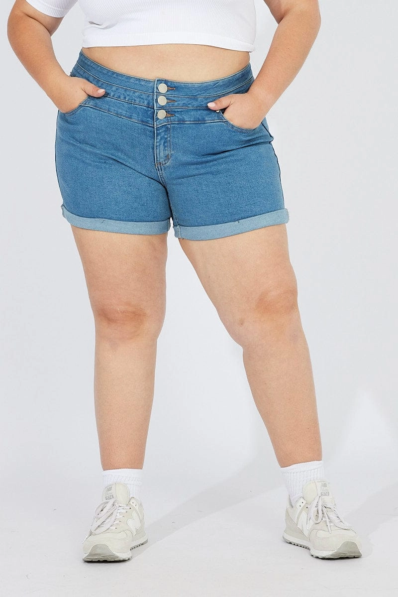 Stretch Fit Denim Skinny Denim Shorts High Rise 3 Buttons