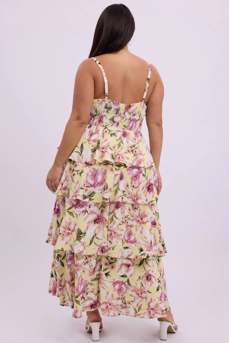 Quilted-Texture Sharp Look Yellow Floral Midi Dress Sleeveless Tiered Ruched Bust