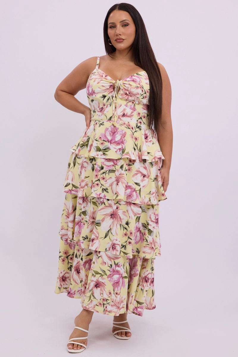 Yellow Floral Midi Dress Sleeveless Tiered Ruched Bust Trendy Design