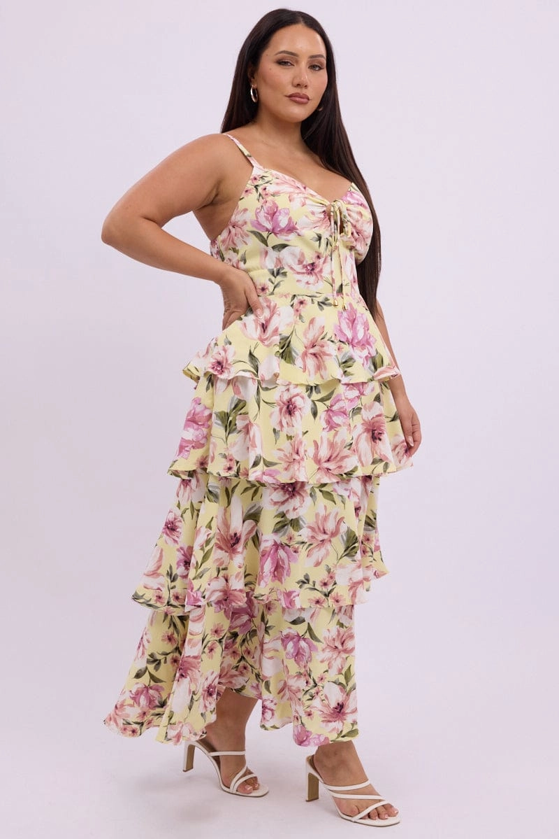 Casual Feel Yellow Floral Midi Dress Sleeveless Tiered Ruched Bust