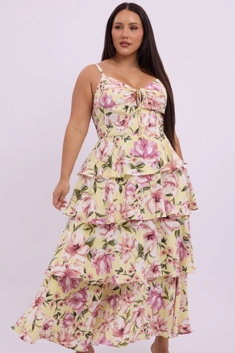 Yellow Floral Midi Dress Sleeveless Tiered Ruched Bust Padded-Bust