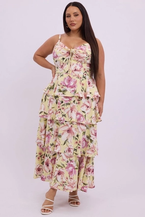 Yellow Floral Midi Dress Sleeveless Tiered Ruched Bust Trendy Design